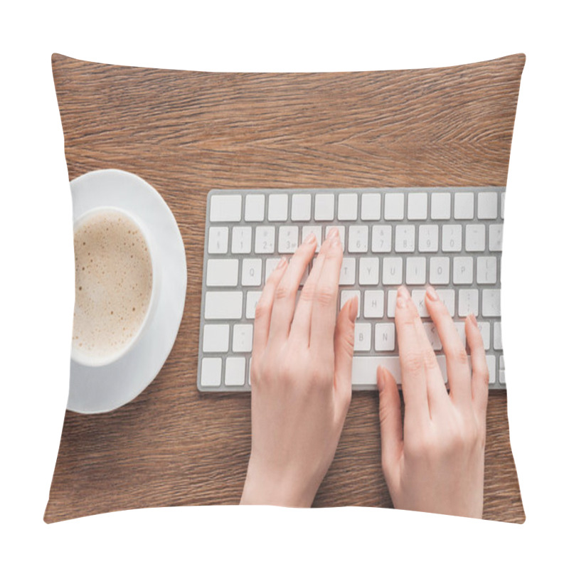 Personality  Cropped View Of Girl Typing On Keyboard On Wooden Background Pillow Covers