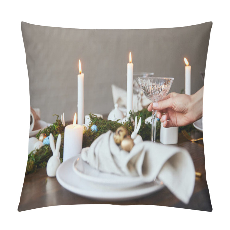 Personality  Cropped View Of Woman Putting Crystal Glass Near Plates, Burning Candles And Moss On Wooden Table At Home Pillow Covers