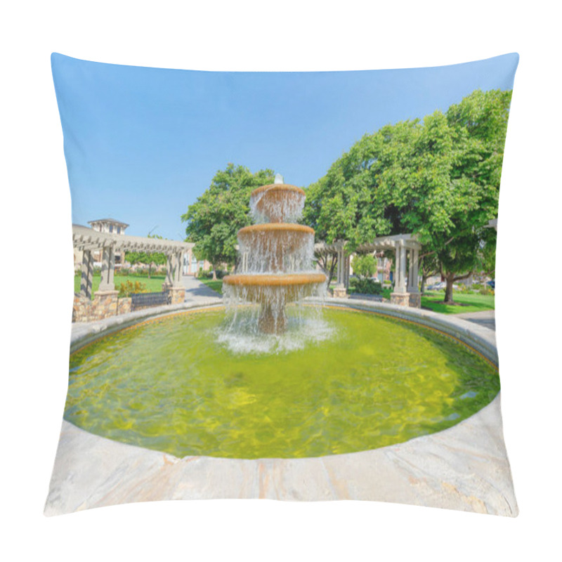 Personality  Water Fountain In The Middle Of A Community Plaza At San Marcos, California Pillow Covers