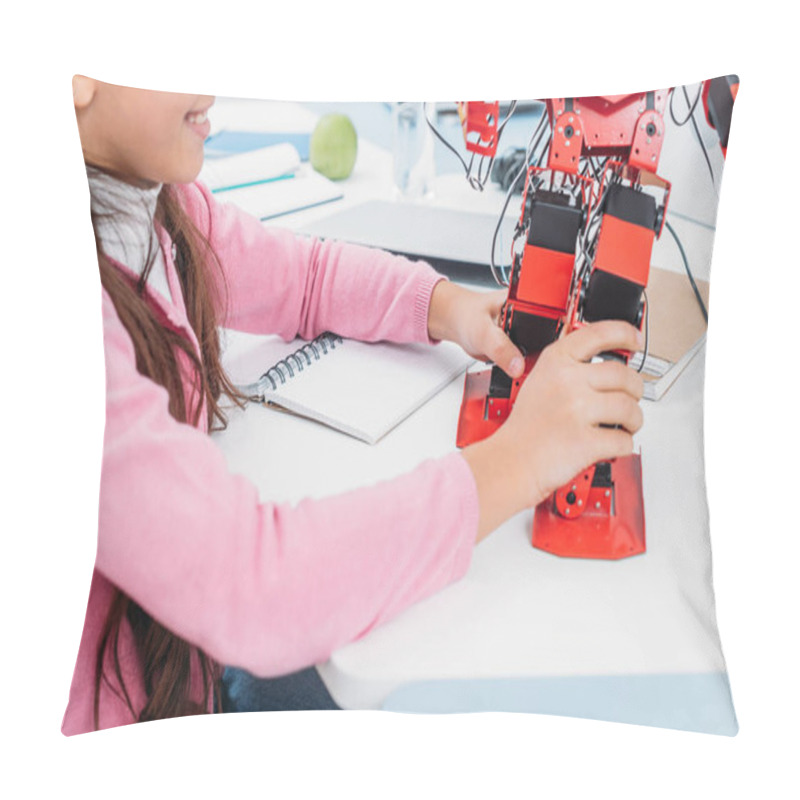 Personality  Partial View Of Schoolgirl Sitting At Table And Playing With Robot Model At STEM Lesson Pillow Covers