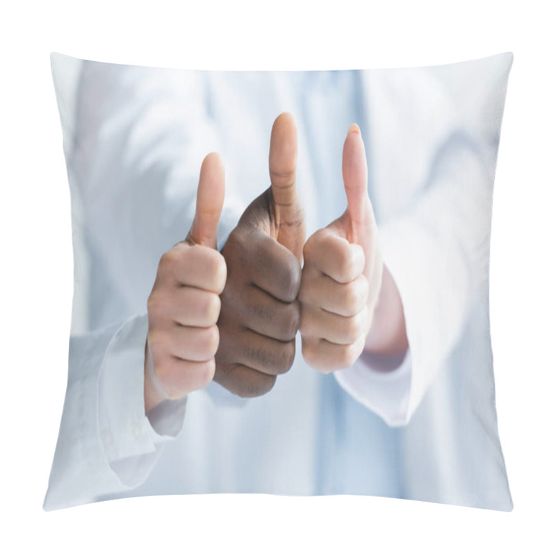 Personality  Cropped View Of Interracial Doctors In White Coats Showing Like  Pillow Covers