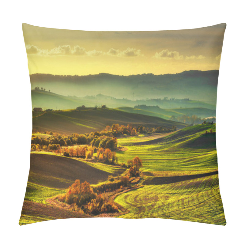 Personality  Tuscany Countryside Misty Panorama, Rolling Hills And Green Fiel Pillow Covers