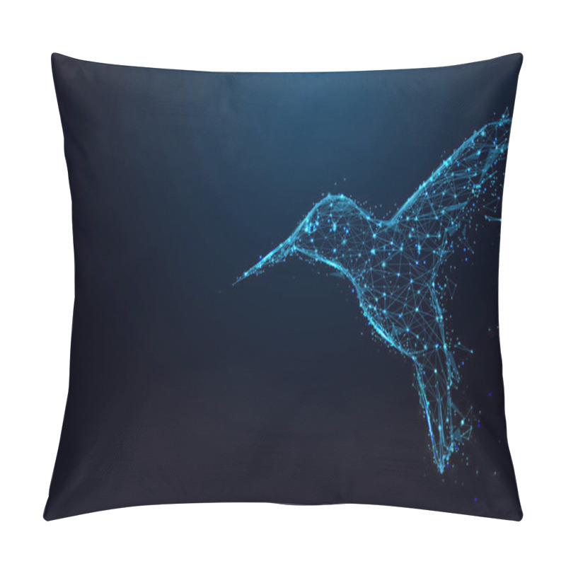 Personality  Abstract Hummingbird Form Lines And Triangles, Point Connecting Network On Blue Background. Illustration Vector Pillow Covers