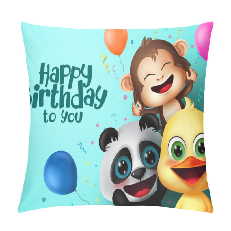 Personality  Birthday Party Animals Character Vector Design. Happy Birthday Text With Friends Surprise Animal Characters And Colorful Party Elements Like Balloon And Confetti For Kids Celebration Greeting Card. Vector Illustration   Pillow Covers