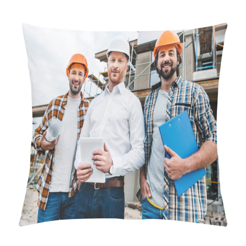 Personality  Group Of Smiling Architects In Hard Hats Looking At Camera In Front Of Building House Pillow Covers