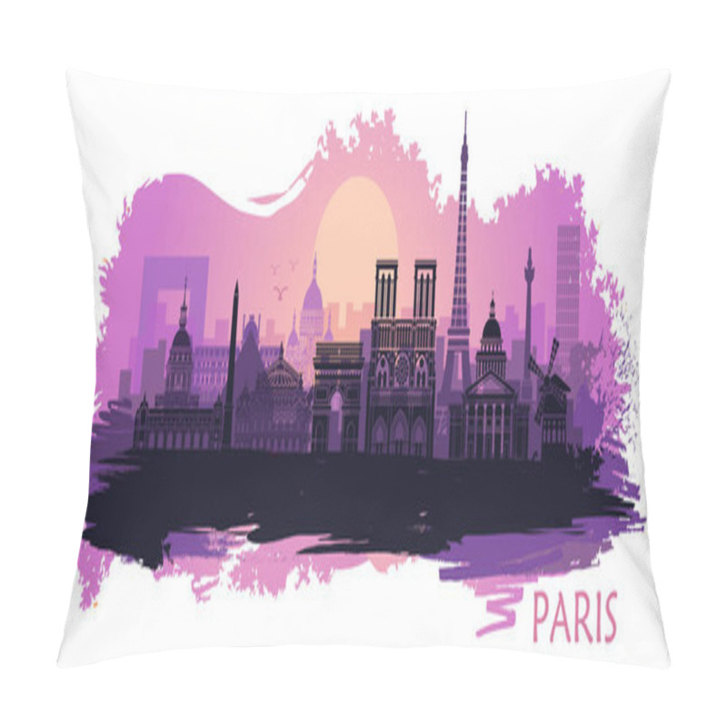 Personality  Stylized Landscape Of Paris With Eiffel Tower, Arc De Triomphe And Notre Dame Cathedral With Spots And Splashes Of Paint Pillow Covers