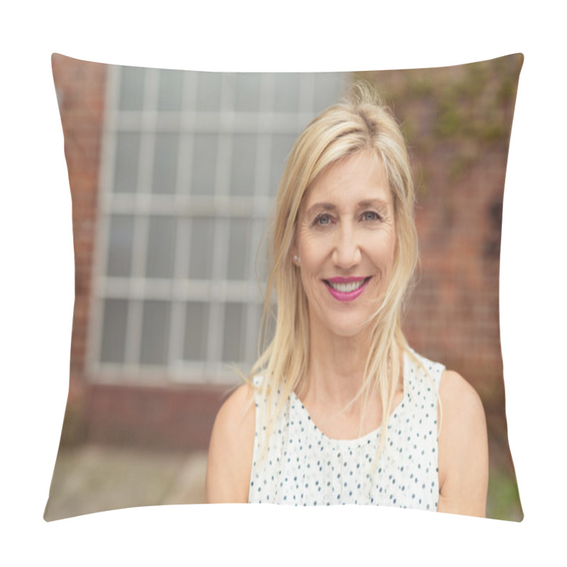 Personality  Blonde Middle-aged Woman With Medium-length Hair Pillow Covers