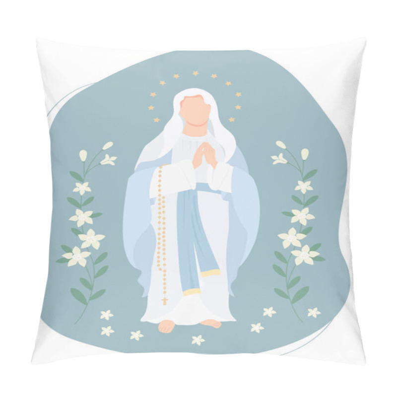 Personality  Most Holy Theotokos, Queen Of Heaven. Virgin Mary Prays With A Rosary On A Background With White Lilies. Vector Illustration For Christian And Catholic Communities, Design, Decor Of Religious Holidays Pillow Covers