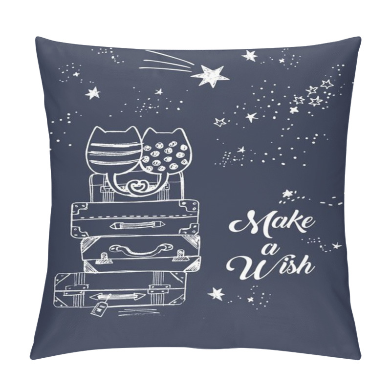 Personality  Vector Cute Illustration Of Hand Drawn Loving Cats Sitting On Old Suitcases And Looking At Night Sky With Falling Stars, Lettering Make A Wish, Hand Drawn With Pen, Stack Of Travel Bags. Fall In Love Pillow Covers