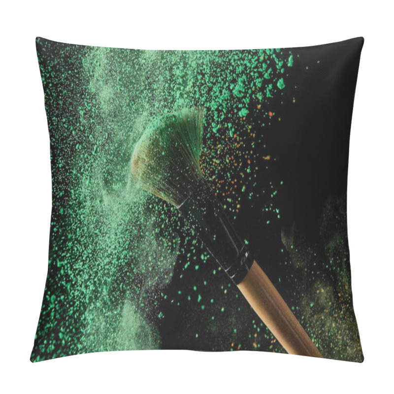 Personality  Cosmetic Brush With Green Powder Explosion On Black Background Pillow Covers