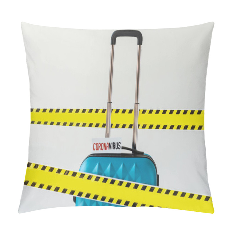 Personality  Blue Suitcase With Coronavirus Card In Yellow And Black Hazard Warning Safety Tape Isolated On White Pillow Covers