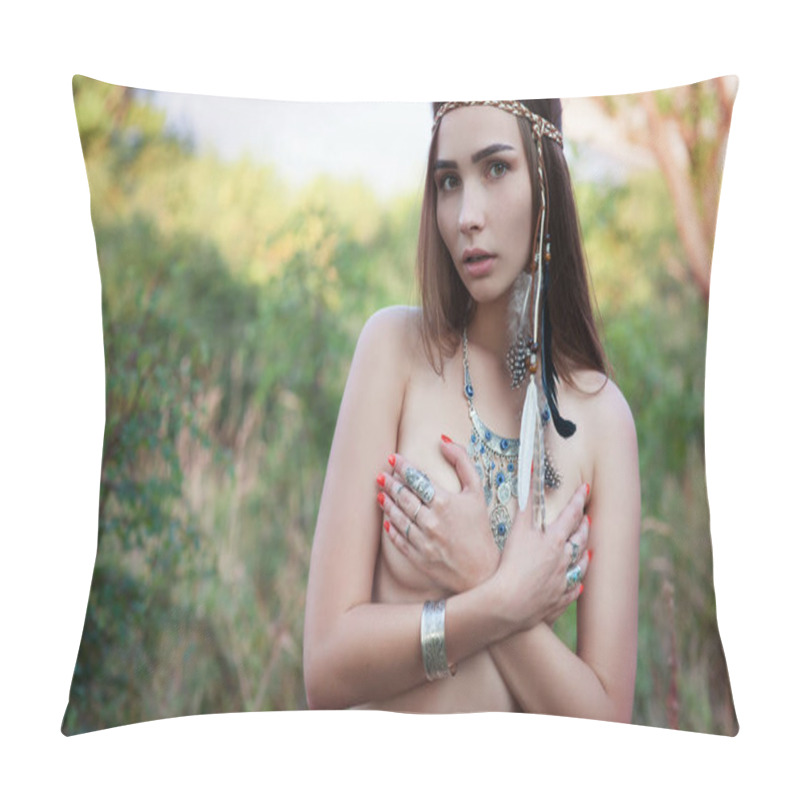 Personality  Sexy Young Girl Hippie Style Boho Chic Closed Her Naked Breasts With His Hands. Located In A Summer Forest On A Grass Background Pillow Covers