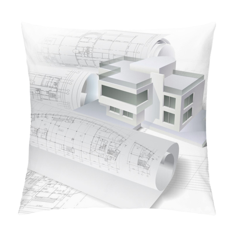 Personality  Architectural Background With A 3D Building Model And Rolls Of Drawings Pillow Covers