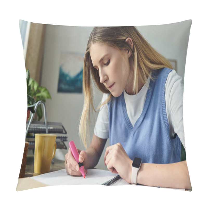 Personality  A Pretty Teenage Girl Focuses Intently On Her Studies, Surrounded By Her Vibrant Room Decor. Pillow Covers