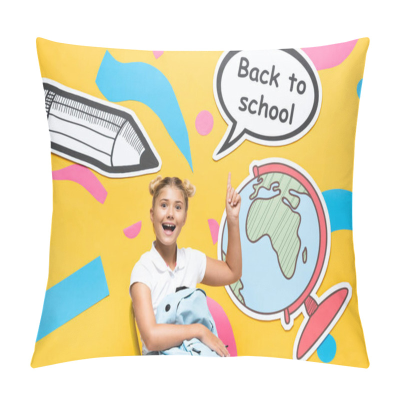 Personality  Schoolchild With Backpack Pointing At Back To School Lettering And Paper Elements On Yellow Background Pillow Covers