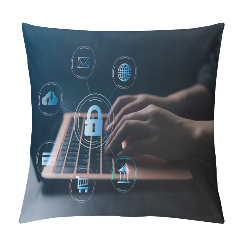 Personality  Cybersecurity Concept, Woman Using Laptop Computer. User Privacy Security And Encryption, Secure Internet Access Future Technology, Cybernetics, Internet Security, Data Protection, Padlock Icon, Pillow Covers