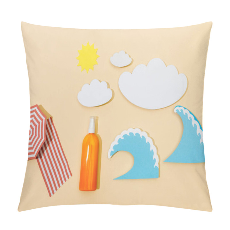 Personality  Top View Of Paper Cut Summer Beach With Bottle Of Sunscreen On Beige Pillow Covers