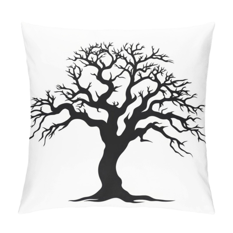 Personality  A Stylized Silhouette Of A Bare Tree With Intricate, Twisting Branches Against A White Background. Pillow Covers