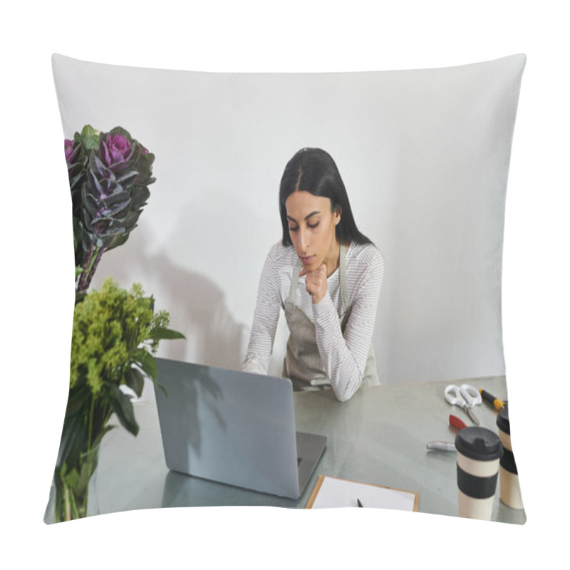 Personality  A Dedicated Florist Organizes Her Daily Tasks In A Cozy Flower Shop With Vibrant Plants. Pillow Covers