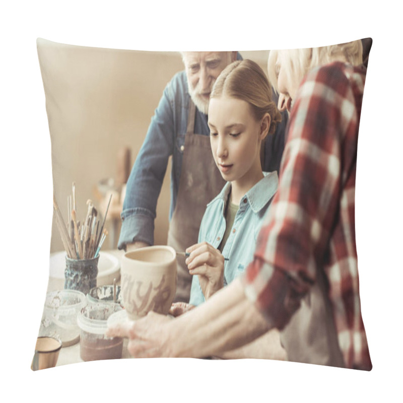 Personality  Side View Of Girl Painting Clay Pot And Grandparents Helping At Workshop Pillow Covers