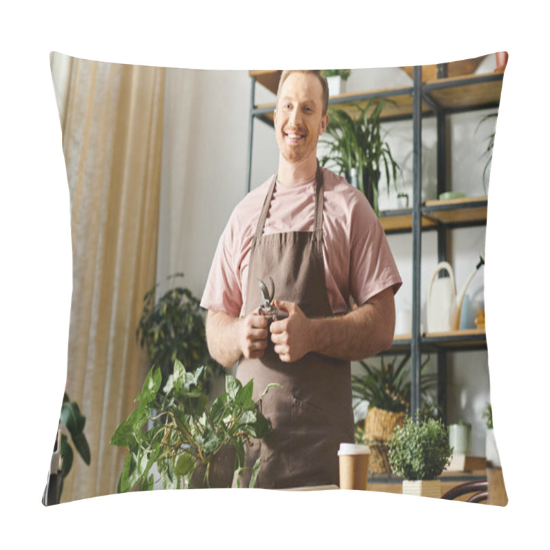 Personality  A Handsome Man Stands In His Plant Shop, Surrounded By Greenery And Various Potted Plants On A Table. Pillow Covers