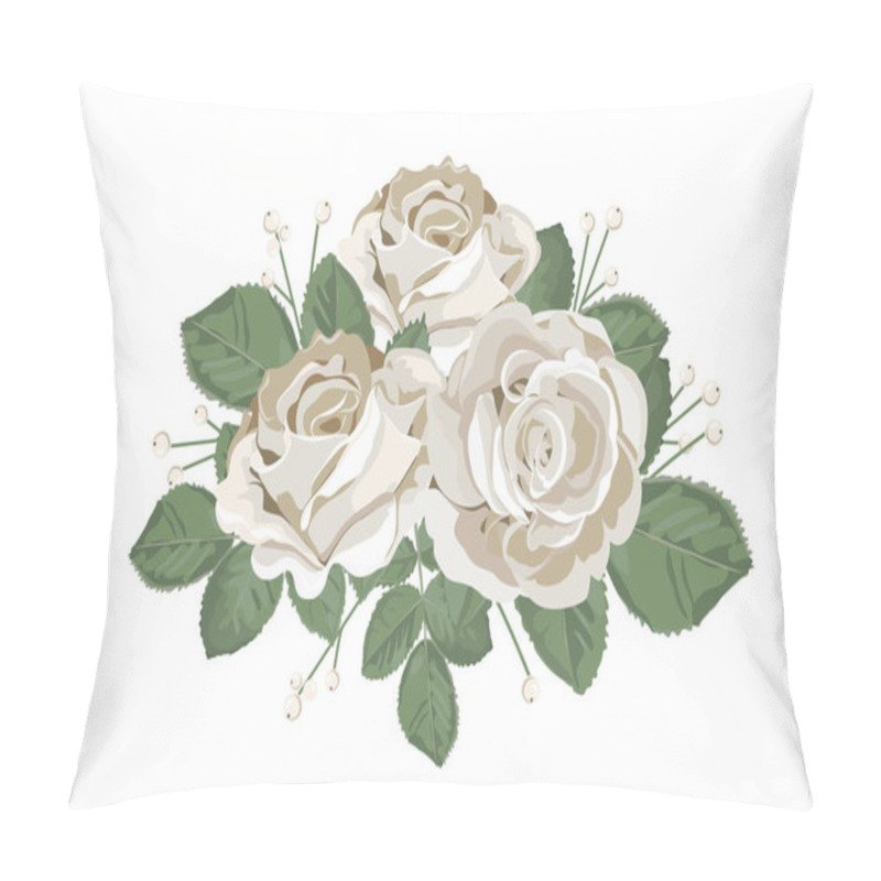 Personality  Retro Bouquet Design. White Roses With Leaves And Berry. Tender Floral Vector Illustration In Vintage Watercolor Style. Pillow Covers