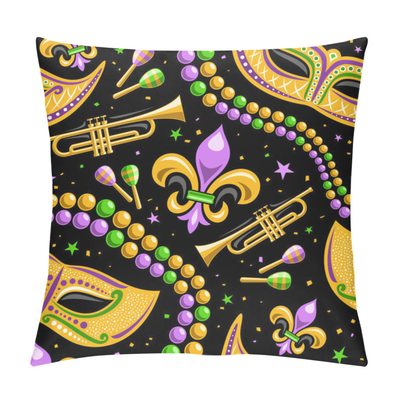 Personality  Vector Mardi Gras Seamless Pattern, Square Repeating Background Of Cartoon Mardi Gras Beads, Yellow Venice Mask, Musical Instruments, Cut Out Illustrations Of Mardi Gras Symbol For Dark Wrapping Paper Pillow Covers