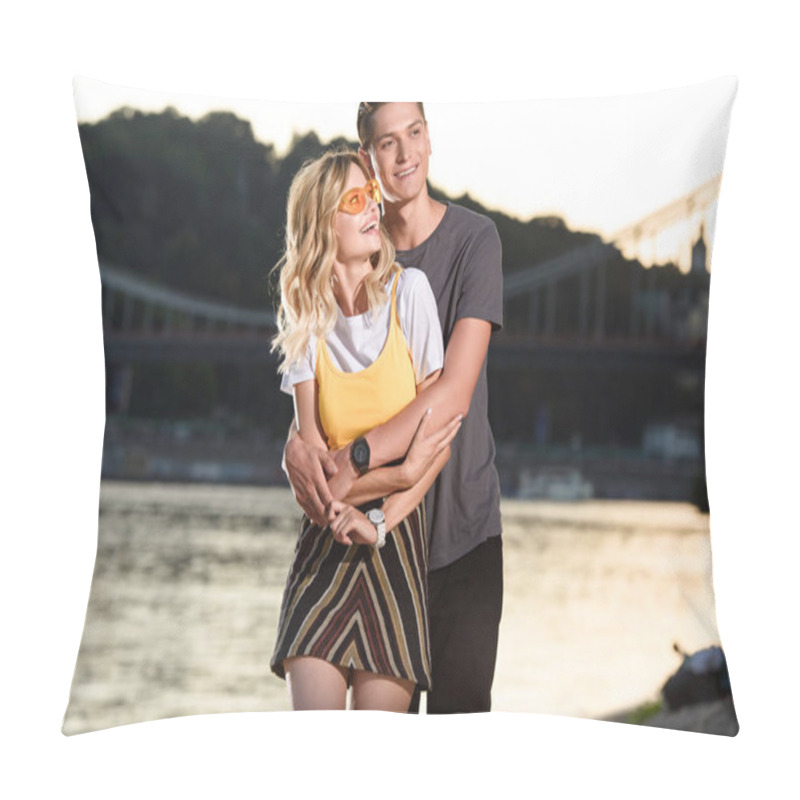 Personality  Smiling Boyfriend Hugging Girlfriend On River Beach In Evening Pillow Covers