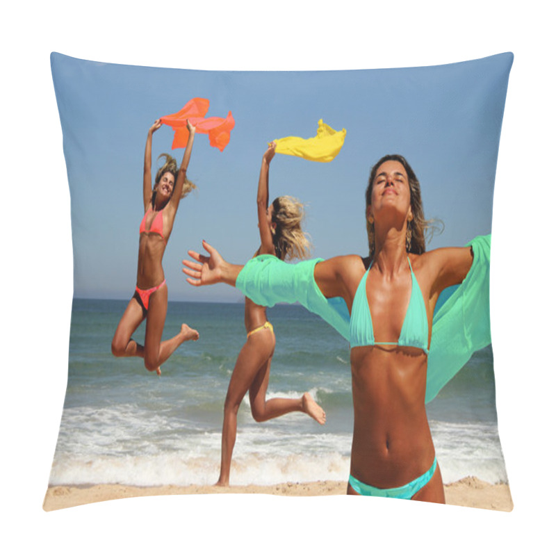 Personality  Beautiful Tanned Women Enjoying The Sun On Beach. Pillow Covers