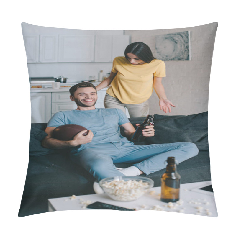 Personality  Angry Woman Yelling At Husband While He Watching American Football On Tv At Home Pillow Covers