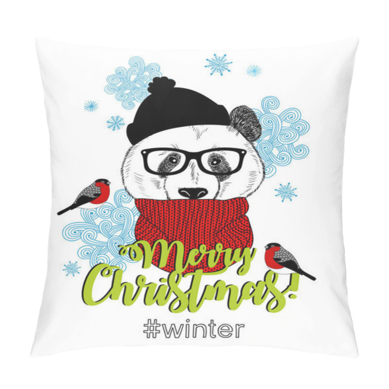 Personality  Merry Christmas Card With Funny Panda Animal In Modern Hipster Style. Pillow Covers