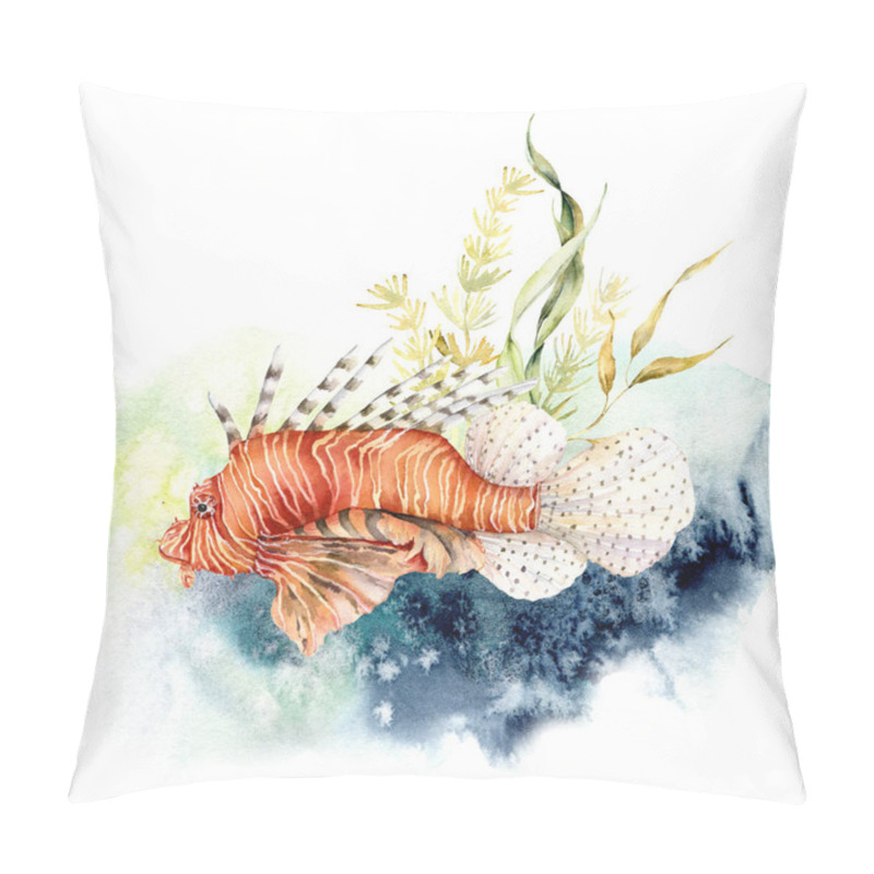 Personality  Watercolor Composition Of Lionfish And Kelp. Hand Painted Underwater Illustration With Coral Reef And Laminaria Isolated On White Background. Aquatic Illustration For Design, Print Or Background. Pillow Covers