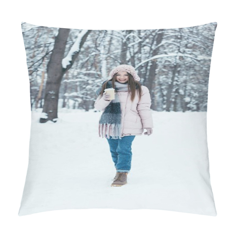 Personality  Attractive Woman In Winter Clothing With Coffee To Go On Winter Day Walking In Park Pillow Covers