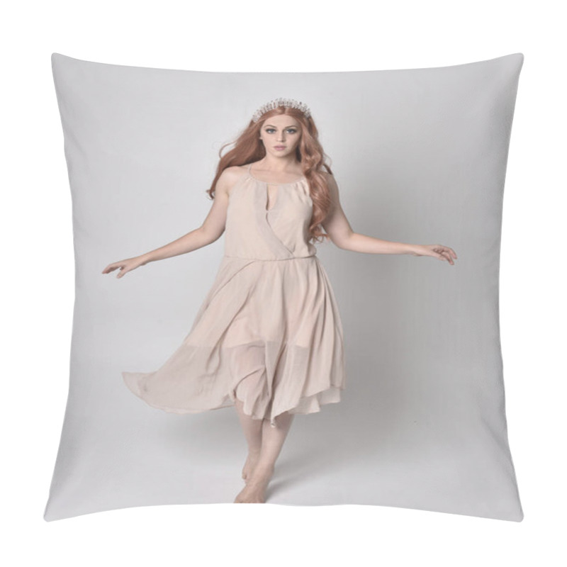 Personality  Full Length Portrait Of A Pretty, Fairy Girl Wearing A Nude Flowy Dress And Crystal Crown. Standing And Dancing Pose Against A Grey Studio Background. Pillow Covers