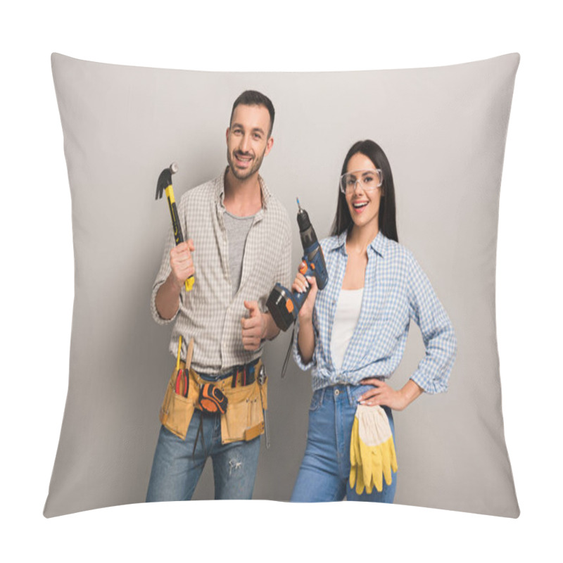 Personality  Excited Manual Workers Holding Hammer And Electric Drill On Grey  Pillow Covers