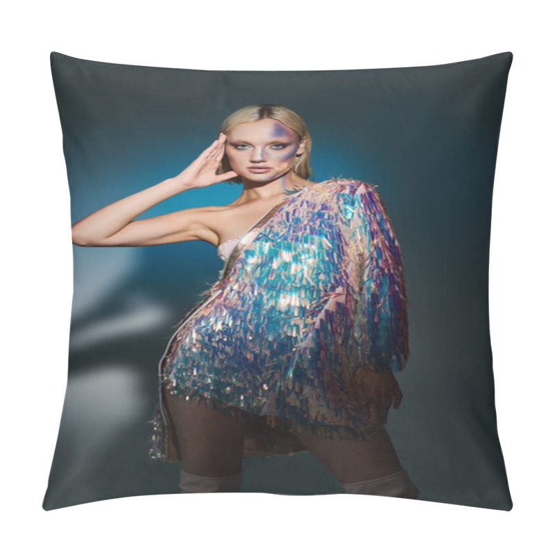 Personality  A Fashion Forward Woman Displays Striking Holographic Attire. Pillow Covers