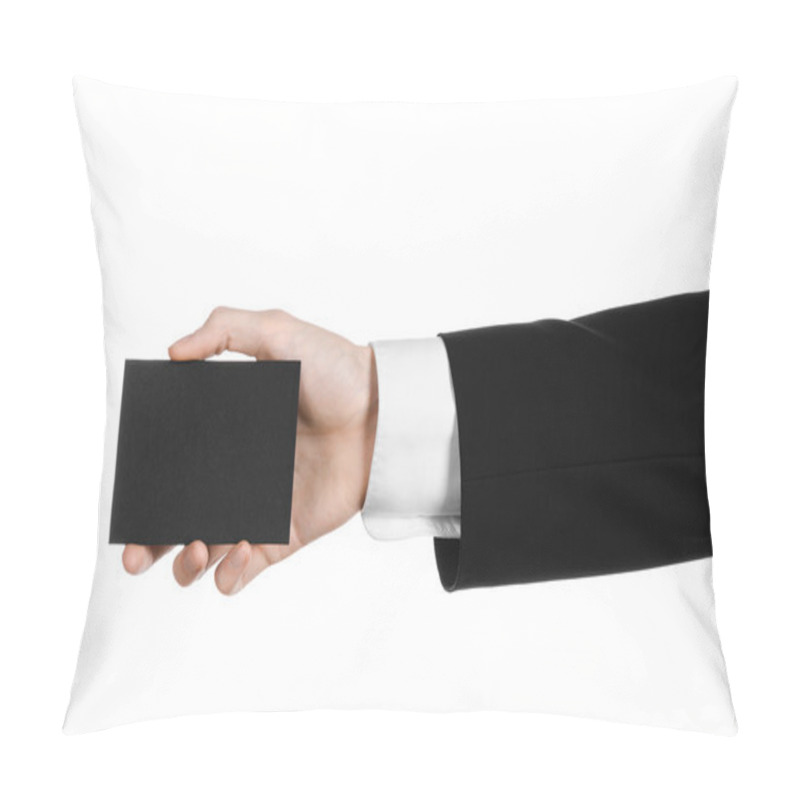 Personality  Business And Advertising Topic: Man In Black Suit Holding A Black Blank Card In Hand Isolated On White Background In Studio Pillow Covers