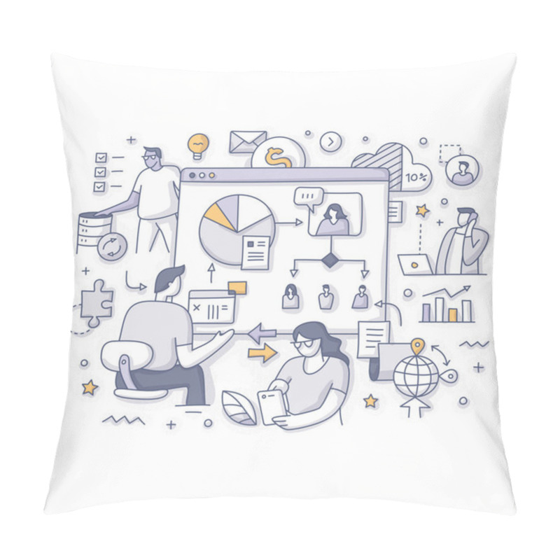 Personality  Colleagues, Team Members Work Together On A Project In Real-time. Group Interaction, Content Sharing, Instant Messaging And Syncing Data In Real-time Between Users. Doodle Vector Spot Illustration Pillow Covers