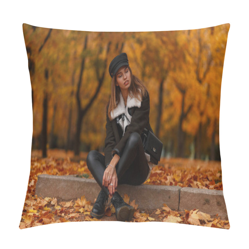 Personality  Modern Young Woman In Stylish Warm Clothes In Leather Shoes Is Resting Sitting On The Ground In The Park Among Orange-yellow Leaves In The Park. European Girl Model Enjoys An Autumn Day. Fashion. Pillow Covers