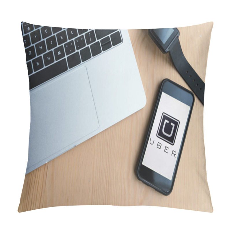 Personality  Top View Of Laptop, Smartwatch And Smartphone With Uber App On Screen Pillow Covers