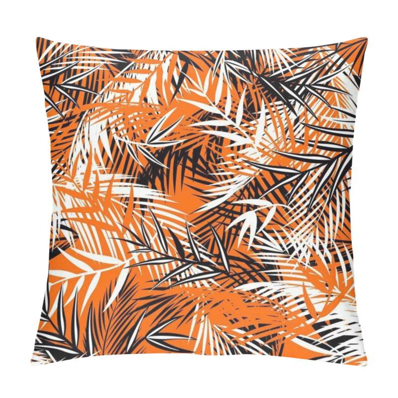 Personality  Seamless Orange Background With Black And White Coconut And Fan-leaved Palm Leaves. Tropical Print For Fashion Textile And Wallpaper Pillow Covers