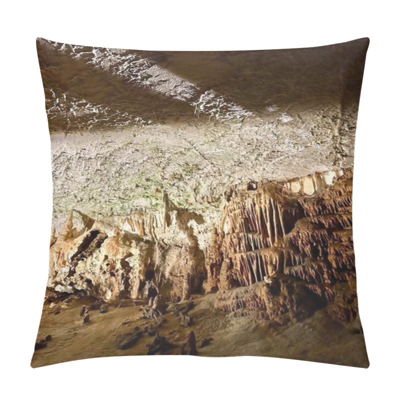 Personality  A Photograph Captures A Close-up Of Vibrant Stalactites Within A Secluded Cave. Pillow Covers