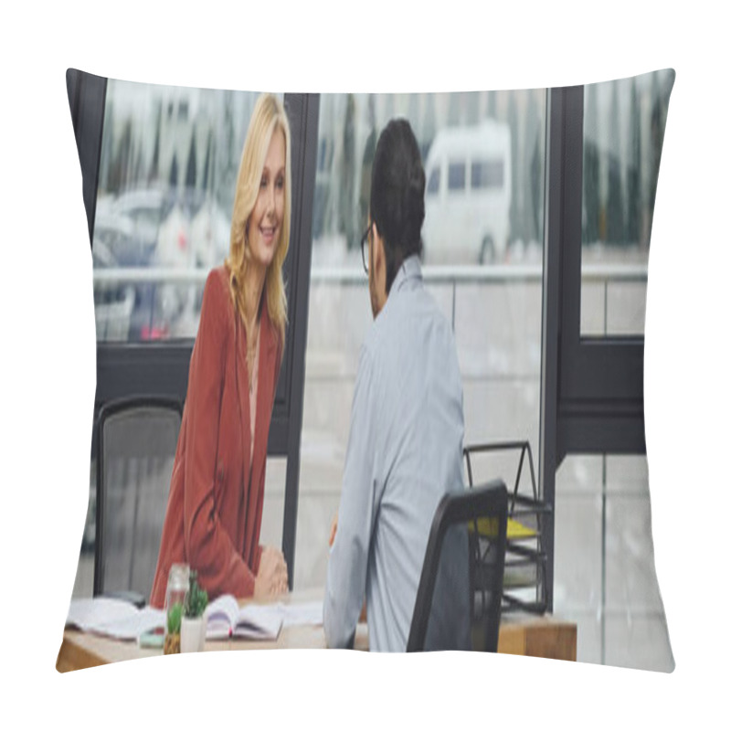 Personality  Mature Woman Engages In Conversation With A Man During Job Interview. Pillow Covers