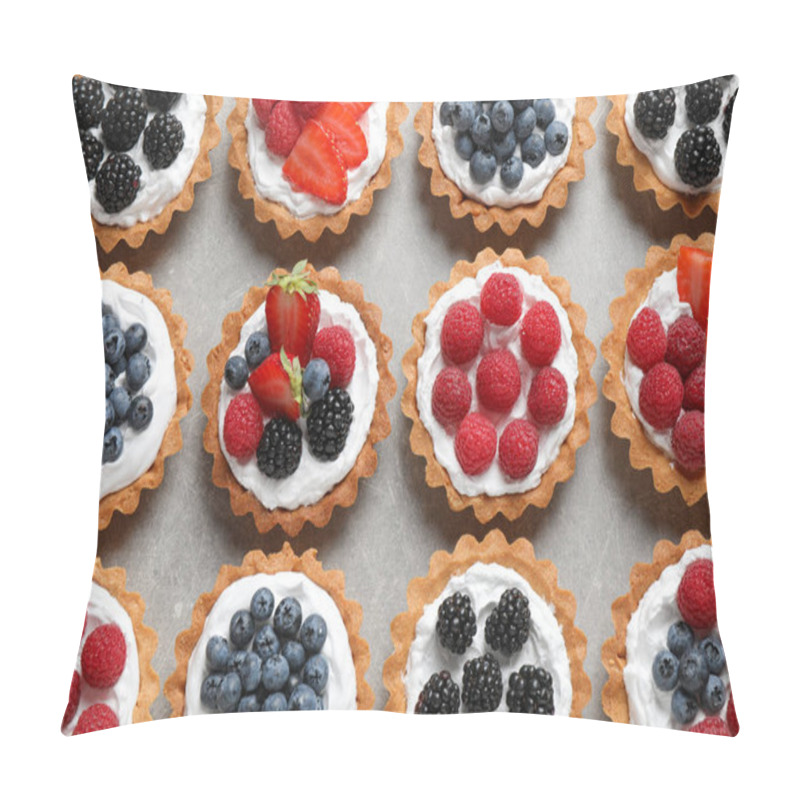 Personality  Different Berry Tarts On Table, Flat Lay. Delicious Pastries Pillow Covers