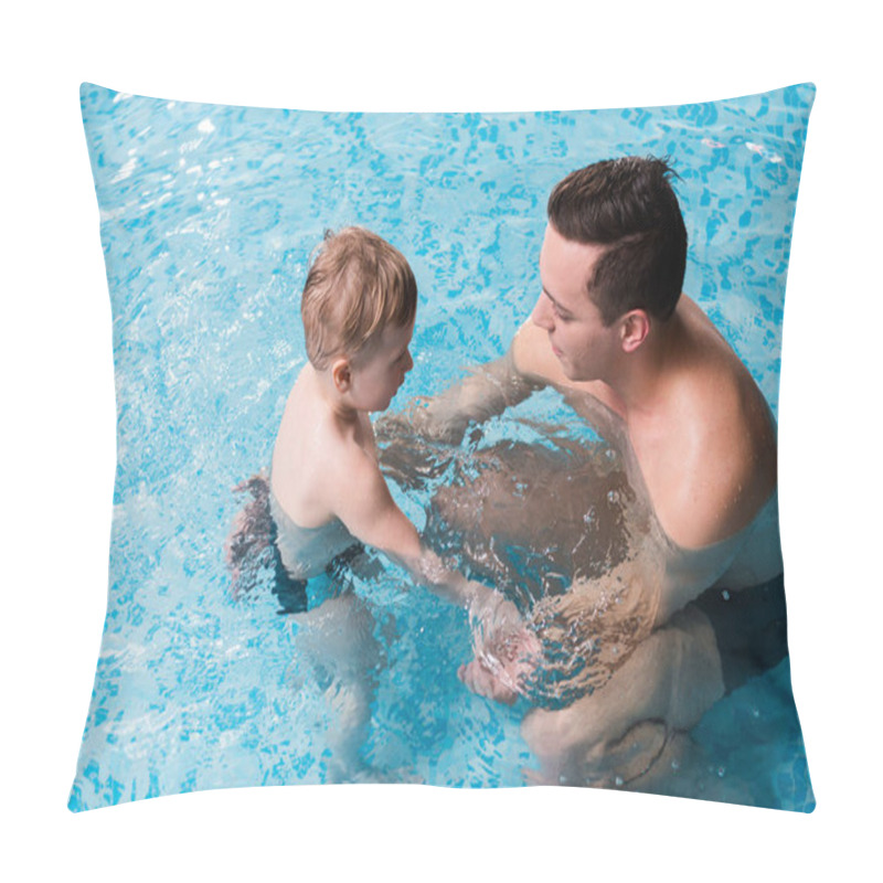 Personality  Overhead View Of Happy Swim Trainer Teaching Toddler Kid In Swimming Pool  Pillow Covers