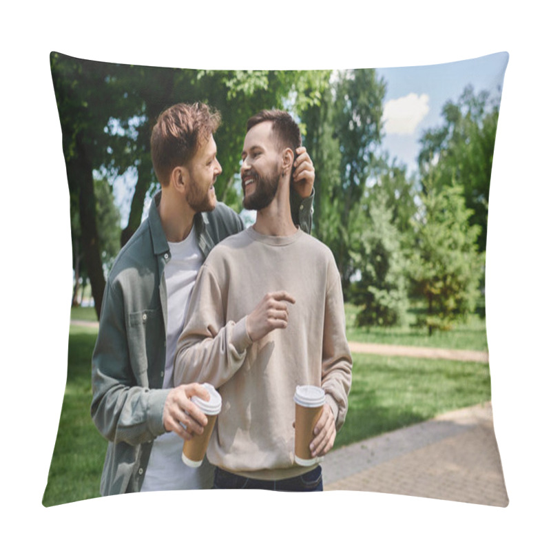 Personality  A Bearded Gay Couple Enjoys A Coffee Date In A Lush Green Park, Sharing A Tender Moment. Pillow Covers