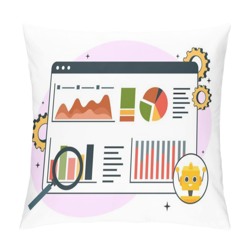 Personality  Data Extraction Concept. Statistics And Information. Graphs, Charts And Charts. Financial Literacy And Accounting. Assistant And Helper. Poster Or Banner For Website. Cartoon Flat Vector Illustration Pillow Covers