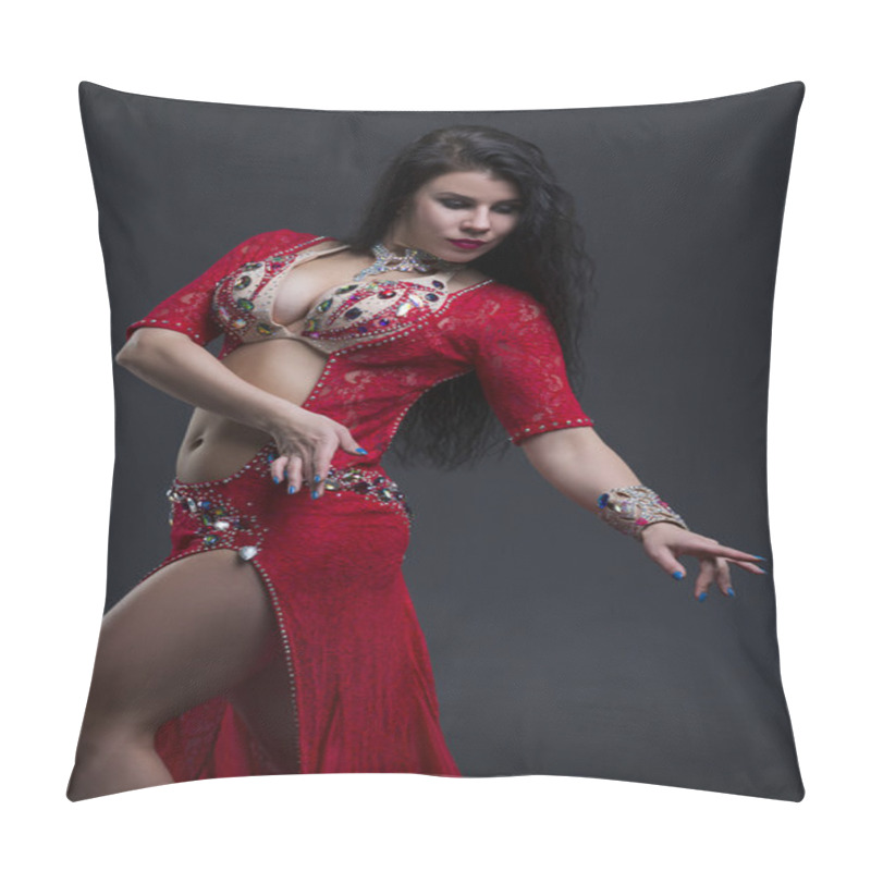 Personality  Young Beautiful Exotic Eastern Women In Ethnic Red Dress On Gray Background Pillow Covers