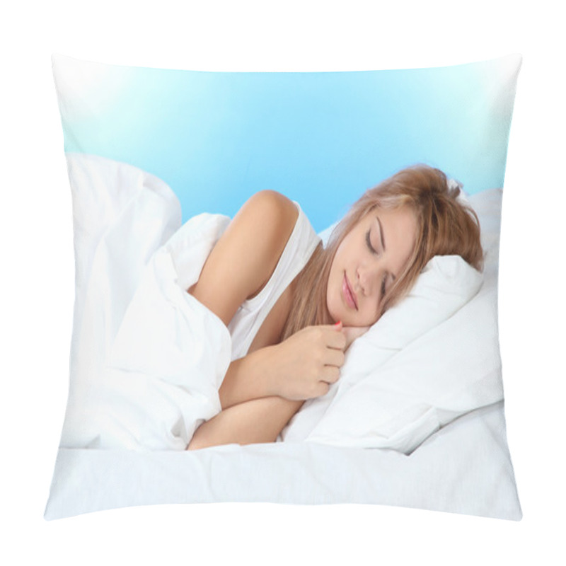 Personality  Young Beautiful Woman Sleeping On Bed On Blue Background Pillow Covers