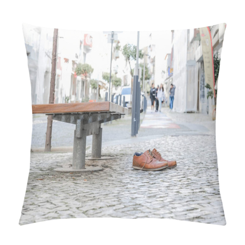 Personality  Brown Leather Shoes On A Cobblestone Pavement Next To A Bench In An Urban Setting. Pillow Covers